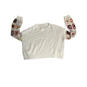 Patchwork Sweater Women Medium Cream  Open Knit Overize Crop BOHO Hippie Boho